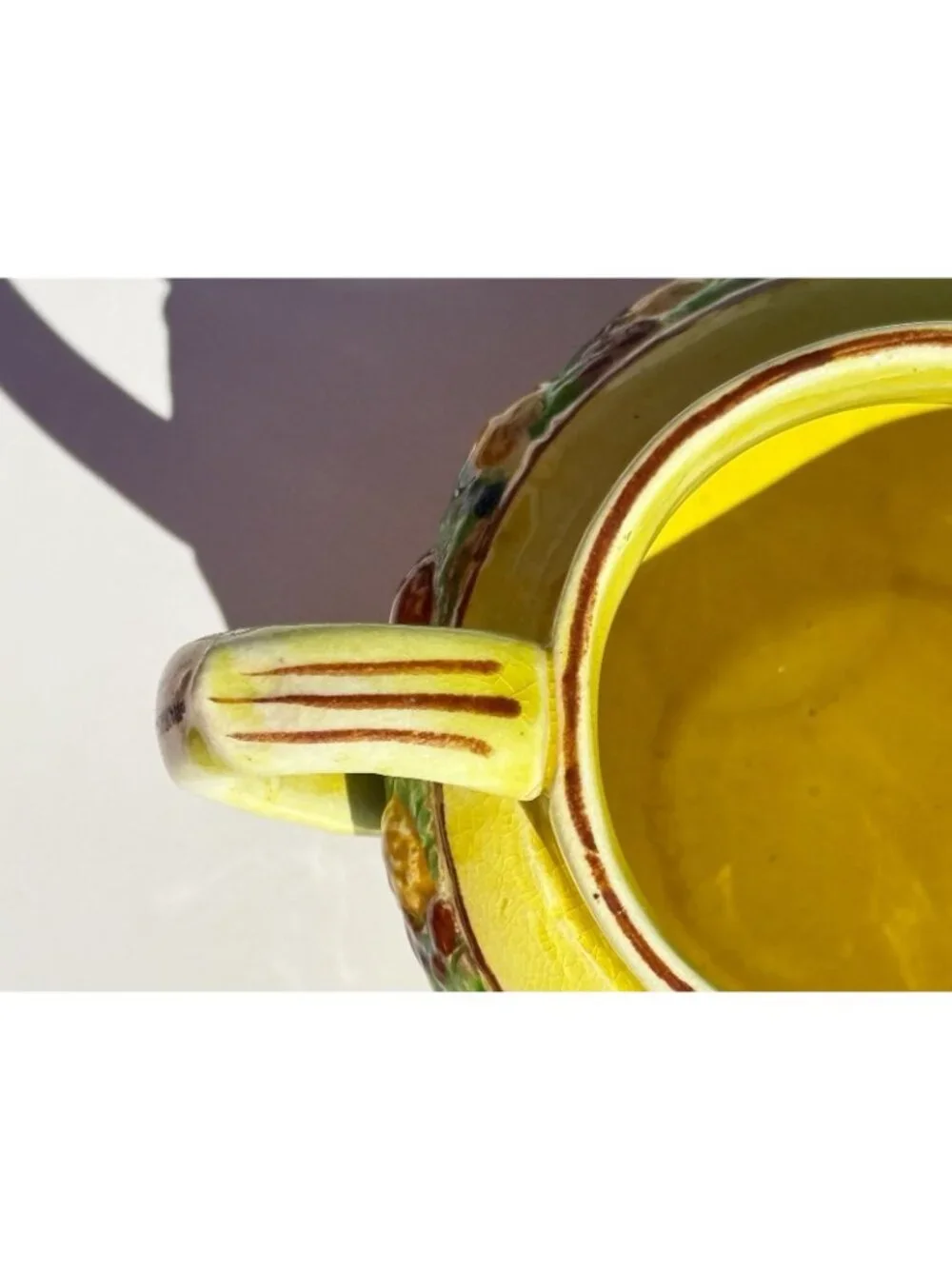 Vintage Hand Painted Yellow Ceramic Pitcher Fruit Pattern  Country Kitchen Japan